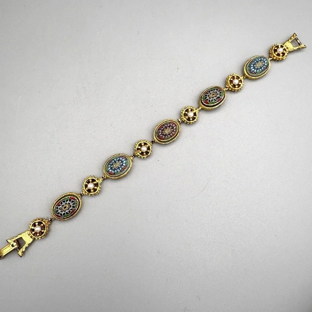 Vintage Renaissance LInk Bracelet Molded Glass Faux Pearl Moroccan